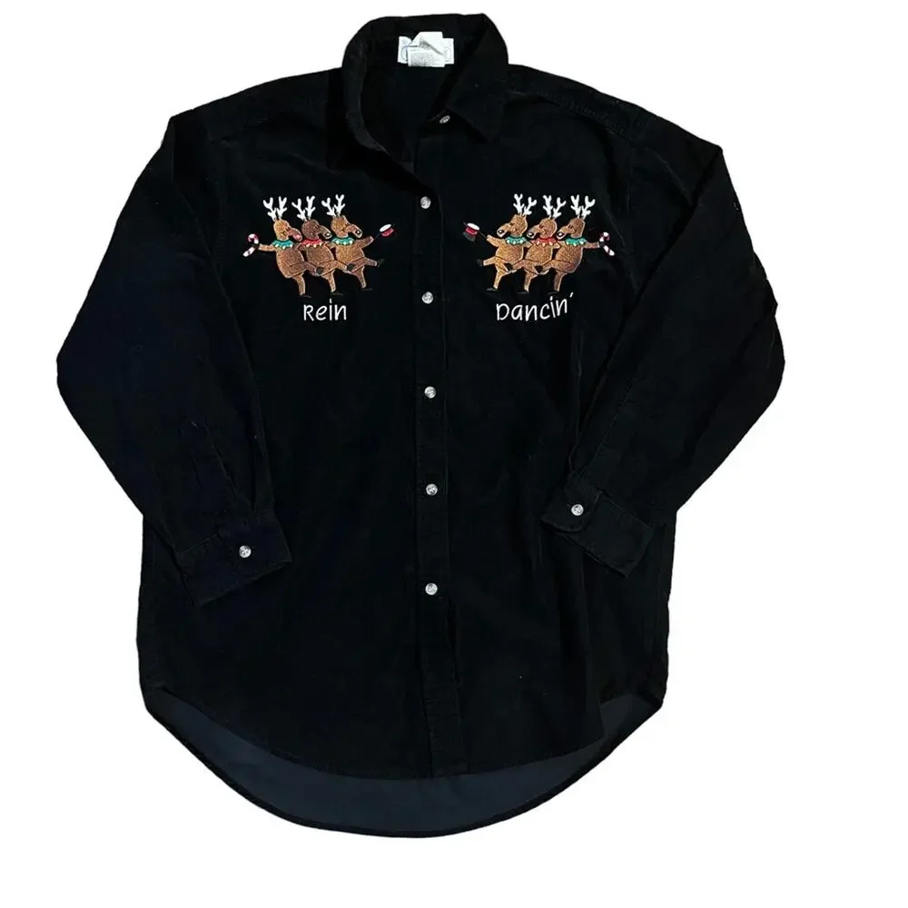 90s Vtg Black Corduroy Christmas Embroidered Reindeer Rein Dancing Blouse S/M - Picture 1 of 6
